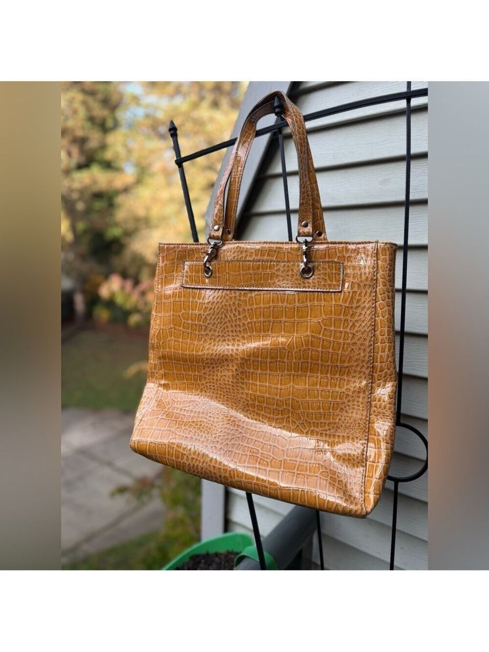 LIKE NEW Embossed Reptile Pattern Embossed Yellow Fashion Tote Bag - Picture 2 of 16